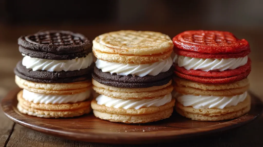 Three stacks of wafer cookies in chocolate, vanilla, and strawberry flavors