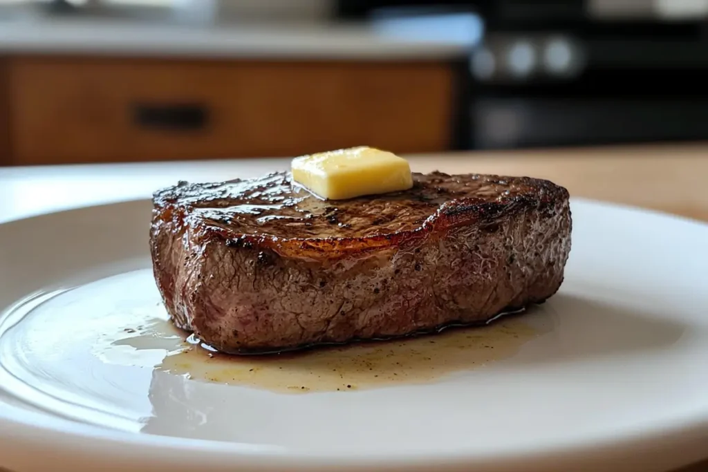 Golden-brown well-done steak on a white plate with a caramelized crust in a warm kitchen setting.