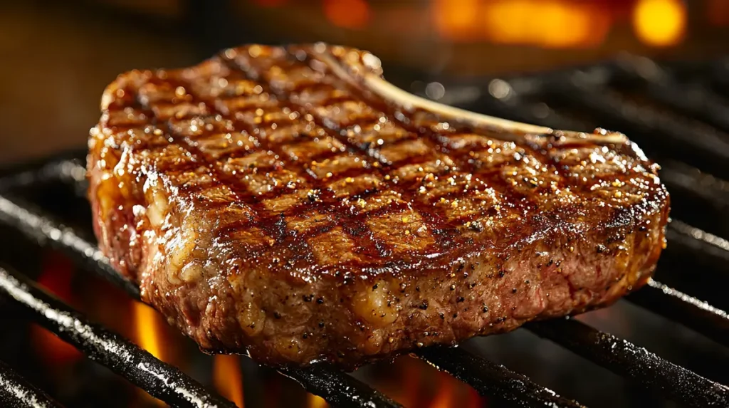 Well-done steak on a white plate, seared with golden-brown grill marks, topped with melted butter in a cozy kitchen setting.