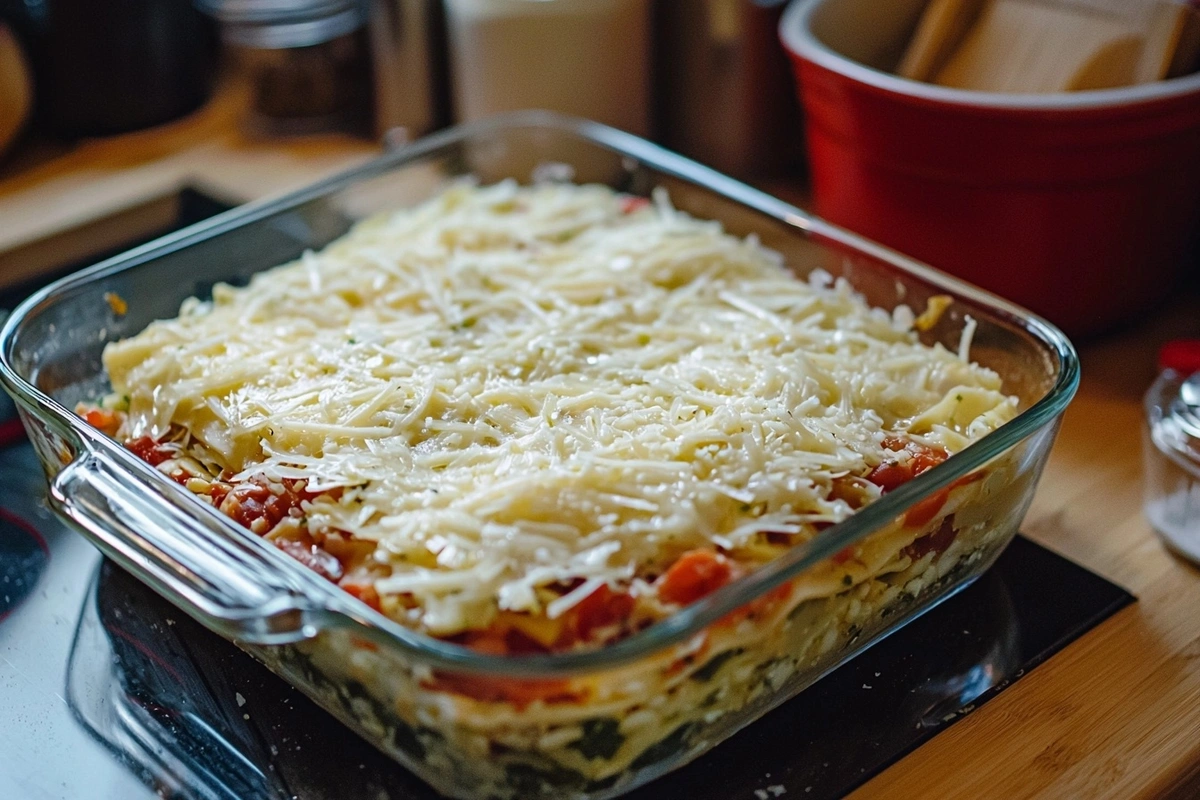 Assembling homemade vegetarian butter bean lasagna