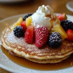 Buckwheat Pancakes served with maple syrup, fruit, and whipped cream