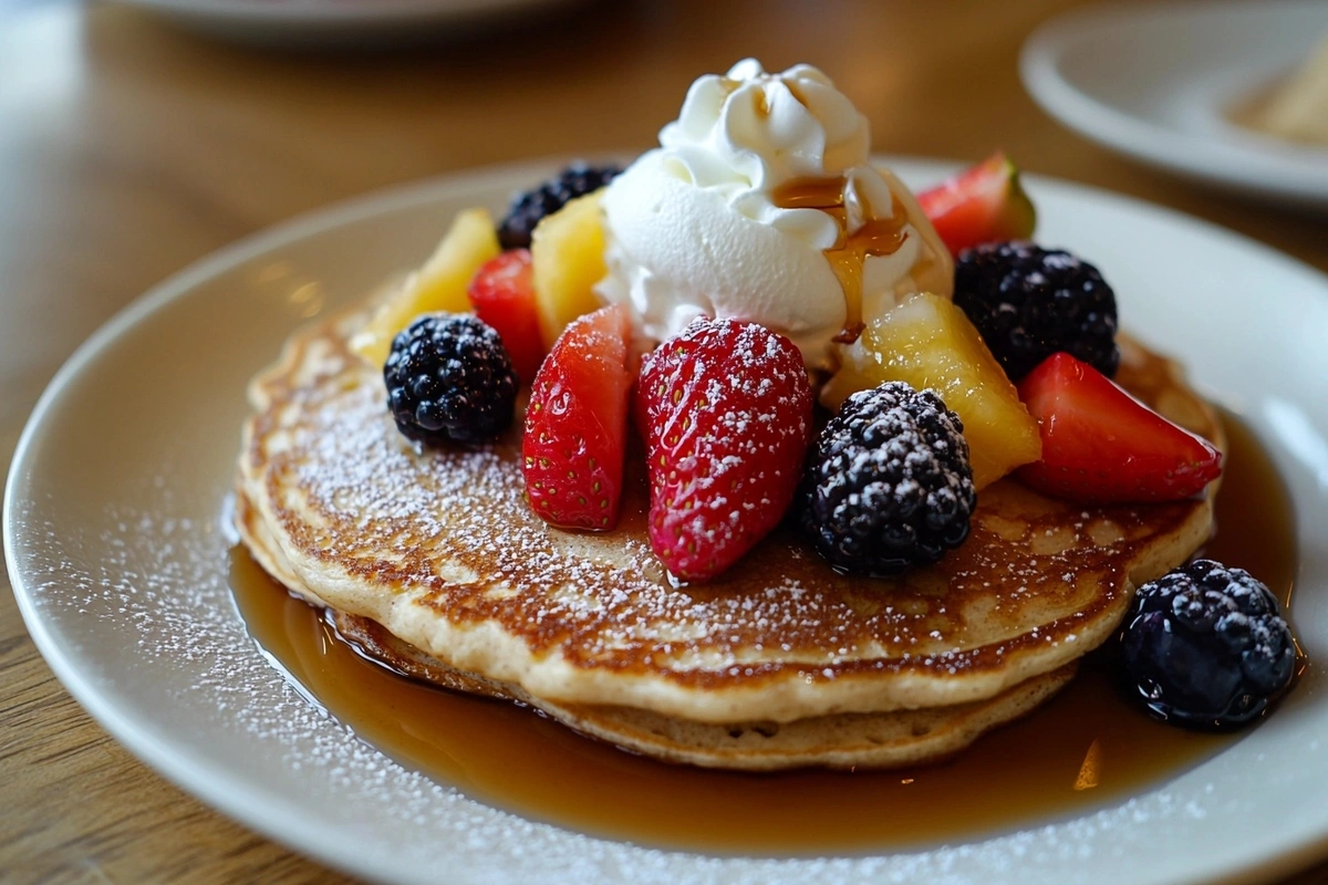 Buckwheat Pancakes served with maple syrup, fruit, and whipped cream