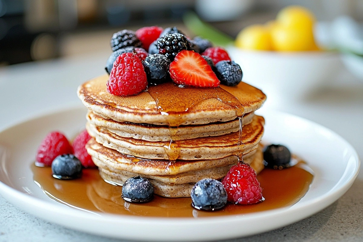 Stack of Delicious Buckwheat Pancakes with Berries and Maple Syrup