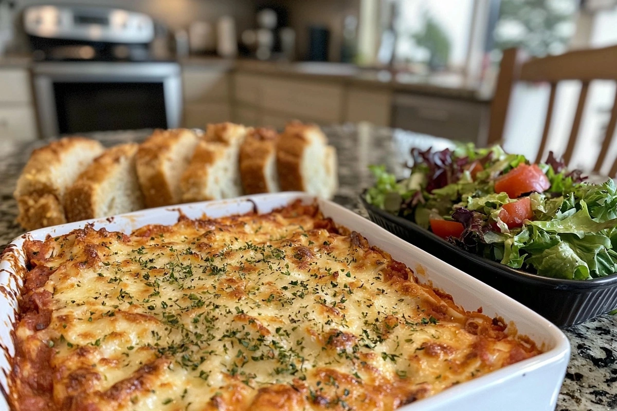 Serving butter bean lasagna with salad and garlic bread