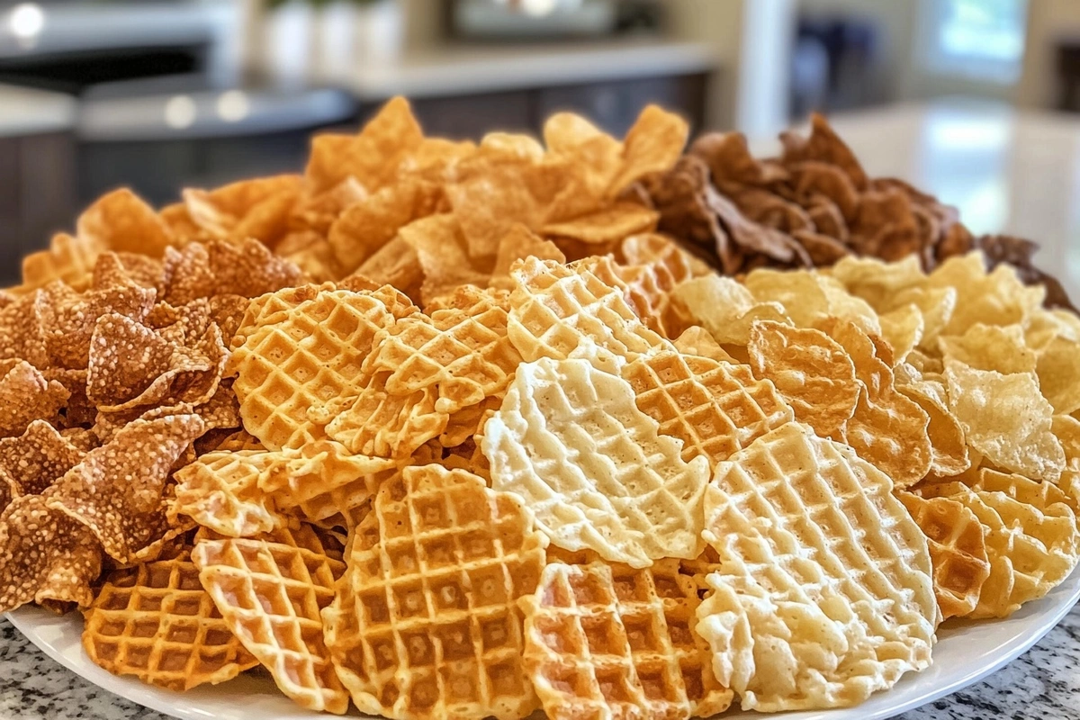 Variety of flavored waffle chips, including savory and sweet options.