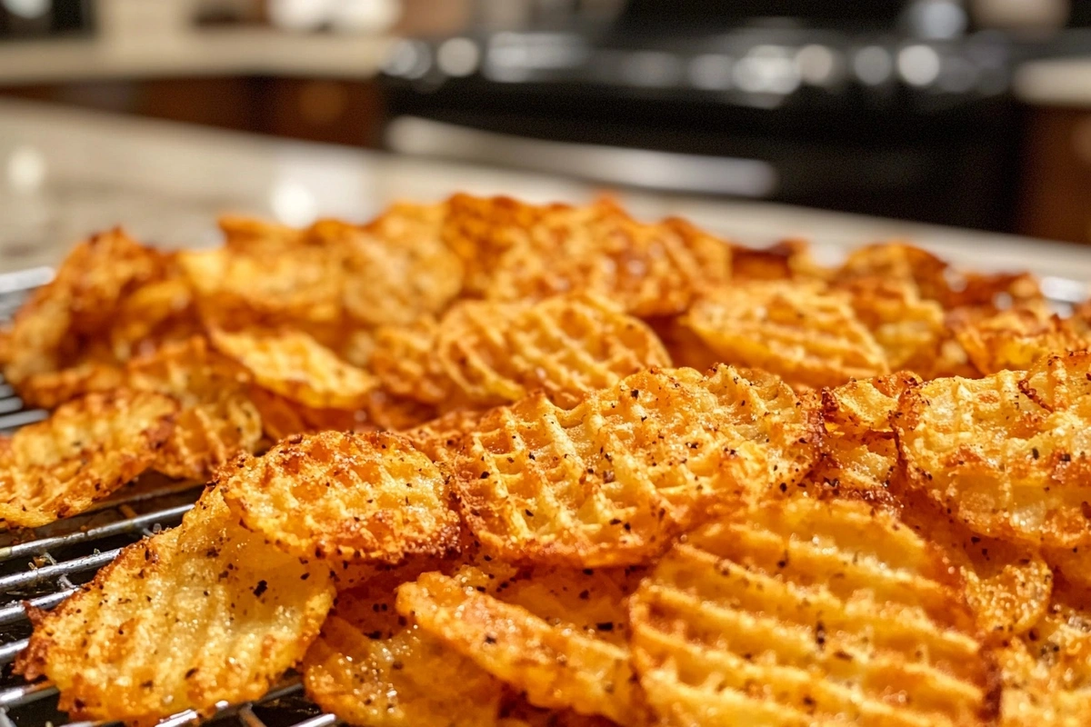 Freshly made homemade potato waffle chips ready to eat.