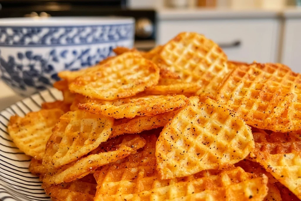 Close-up of waffle chips highlighting the distinctive grid pattern.