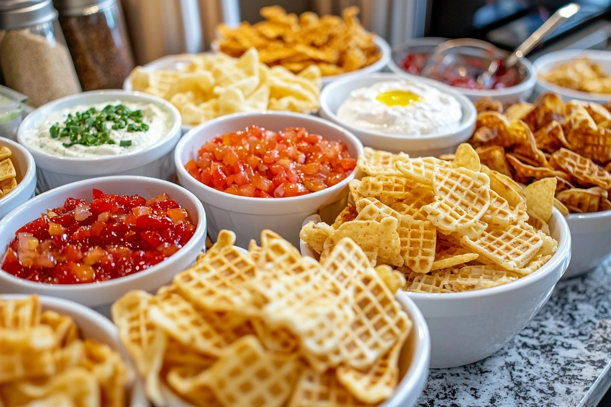 Waffle chips served with various dips, showcasing different flavor pairings.